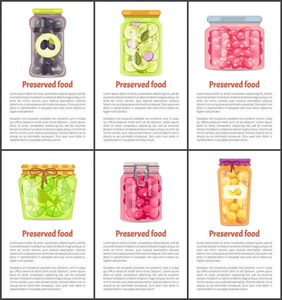 Διατηρημένα τρόφιμα φρούτα και λαχανικά κονσερβοποιημένα βάζα — Διανυσματικό Αρχείο