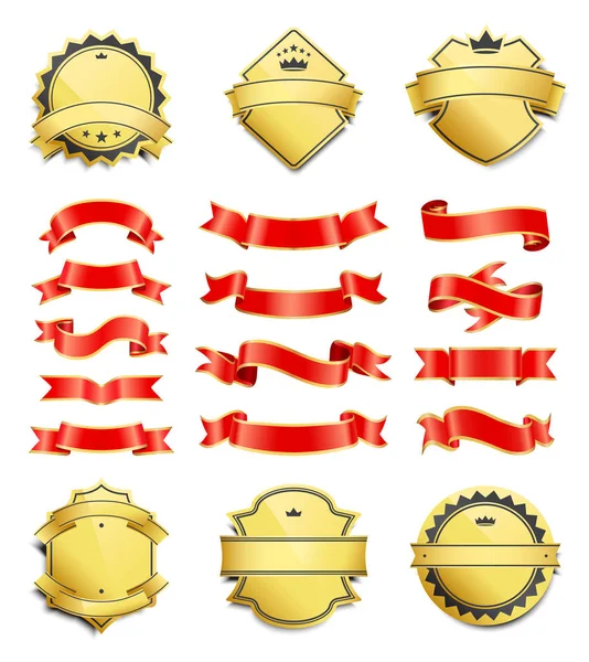 Formas de escudo dorado y cintas de seda Variación — Vector de stock