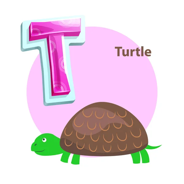 Buchstabe t für Schildkröten-Cartoon-Alphabet für Kinder — Stockvektor
