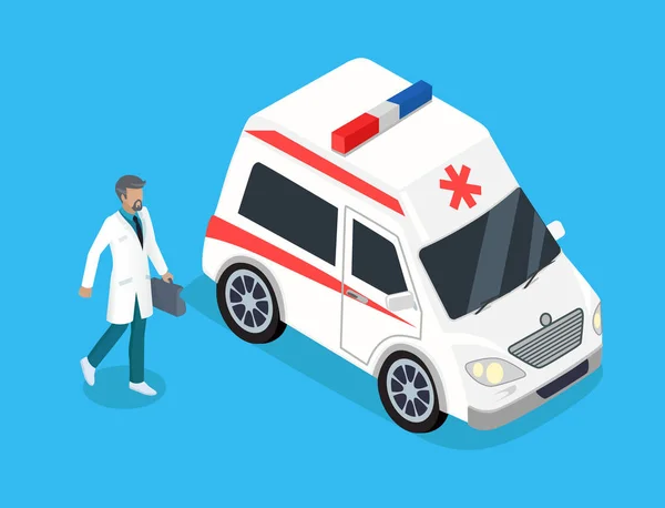 Paramédico con kit de medicina y coche de ambulancia — Vector de stock