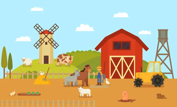 Fattoria o ranch con personaggi dei cartoni animati illustrazione — Vettoriale Stock