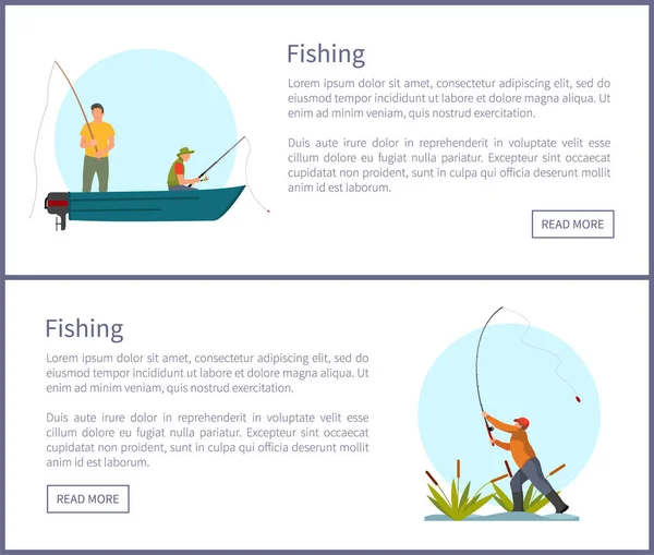 Pescatore con asta da pesca in barca e a riva — Vettoriale Stock