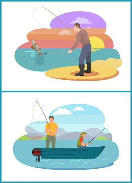 渔民从摩托艇和银行捕鱼 — 图库矢量图片
