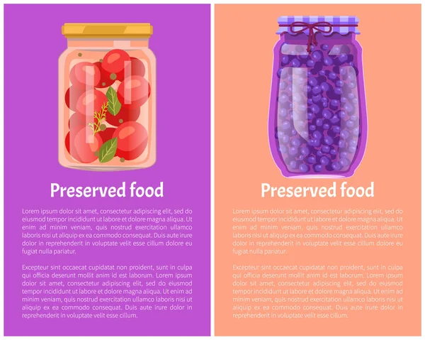 Κονσέρβες τροφίμων αφίσες τις ντομάτες και τα βατόμουρα — Διανυσματικό Αρχείο