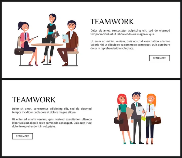 Cartel promocional de trabajo en equipo con los empleados jóvenes conjunto — Vector de stock