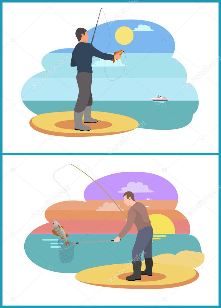 Fishing People with Rods Set Vector Illustration