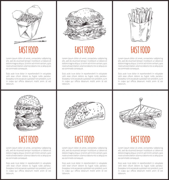 Fast Food Tagliatelle Poster Set vettoriale Illustrazione — Vettoriale Stock