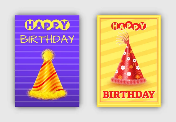 Cono sombreros de papel, Feliz cumpleaños postales de vacaciones — Vector de stock