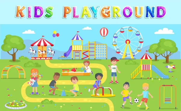 (Inggris) Kids Playground in Green Park Vector Illustration - Stok Vektor