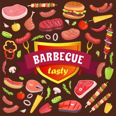 Vektör çizim Barbekü lezzetli parti Icons Set