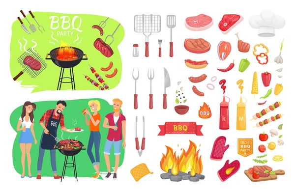 BBQ Party Set Pessoas Cozinhar Vector Ilustração —  Vetores de Stock