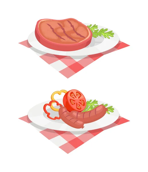 BBQ vlees voor Barbecue op plaat, Vector Icon Set — Stockvector