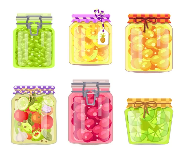 Διατηρημένα φρούτα και λαχανικά σε γυάλινα βάζα σετ — Διανυσματικό Αρχείο