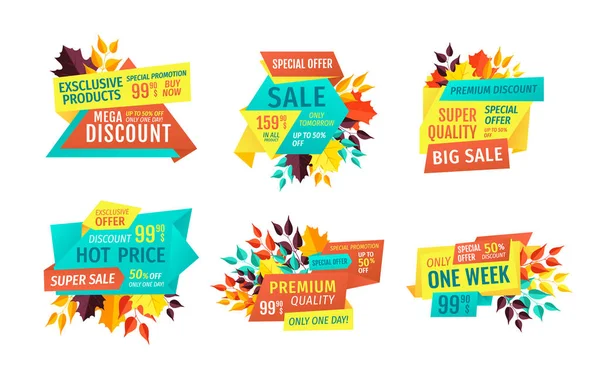 Saisonnière Autumn Sale and Discount Emblems Set — Image vectorielle