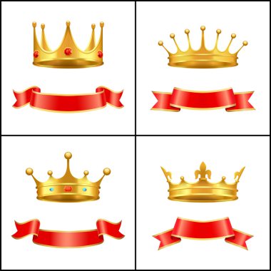 Regal güç ve kırmızı bayrak kümesi kron sembolü. Corona elmas ve değerli taşlar ile. Altın taç diadem en iyi izole vektör altın haç ile