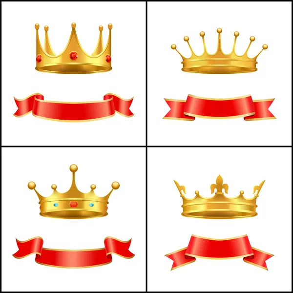 皇冠象征着帝王的力量和红色的横幅设置 带有钻石和宝石的日冕 金冠内冠冕与黄金十字架在顶部被隔绝的向量 — 图库矢量图片