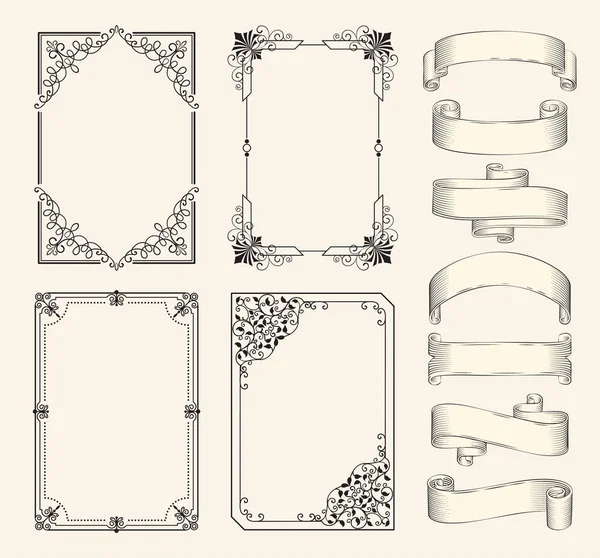 Marcos y cintas vector conjunto de bocetos monocromáticos — Archivo Imágenes Vectoriales