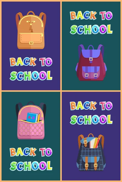 Zpátky do školy plakáty sada dětské batohy — Stockový vektor