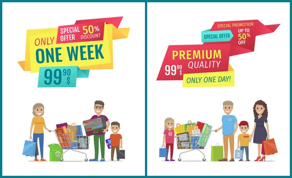 Oferta especial banner vectorial con la gente de compras — Vector de stock