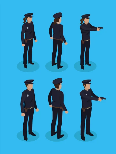 Officiers de police en uniforme, icônes du concept de travail — Image vectorielle