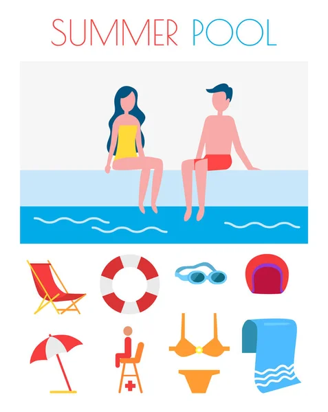 Cartaz de piscina de verão com ícones ilustração vetorial —  Vetores de Stock