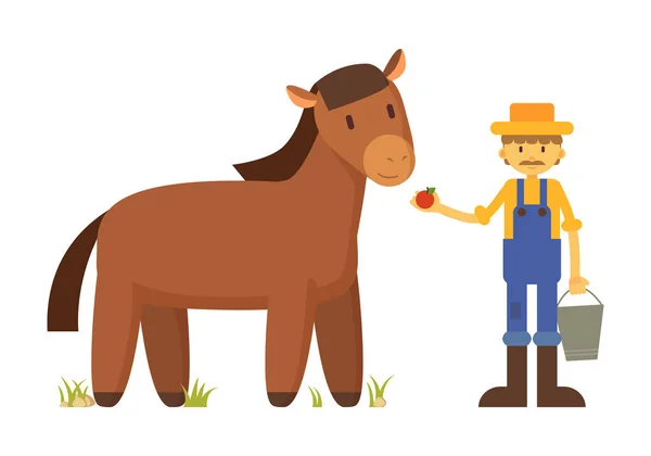 Agriculteur avec pomme et cheval illustration de bande dessinée — Image vectorielle
