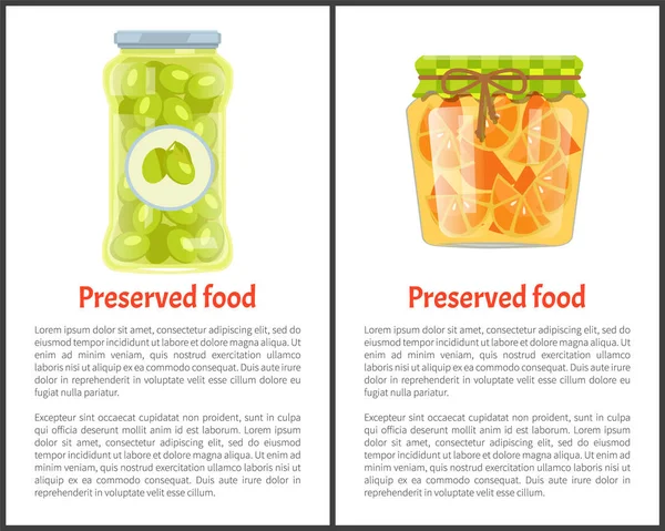 Konservierte Lebensmittel Poster Oliven und Zitrusfrüchte Vektor — Stockvektor