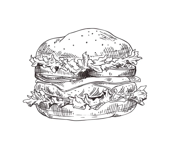 Dibujado a mano hamburguesa vector monocromo boceto — Archivo Imágenes Vectoriales