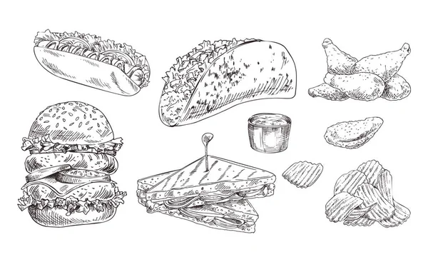 Juego de comida rápida dibujado a mano vector monocromo boceto — Vector de stock