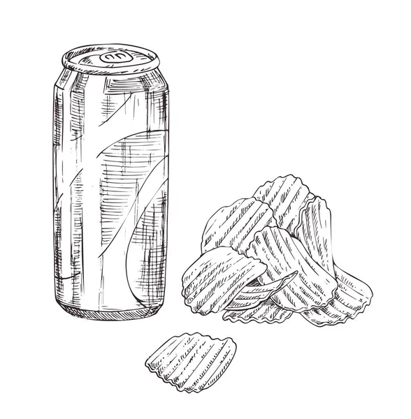 Soda puede con chips vector boceto monocromo . — Archivo Imágenes Vectoriales