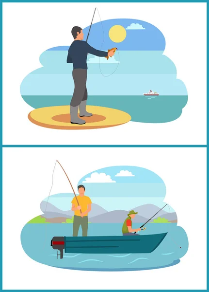 Gente Pesca Set Imágenes Vector Ilustración — Archivo Imágenes Vectoriales