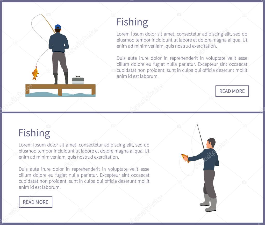 Fishing People Set of Posters Vector Illustration