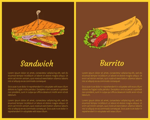 Sandwich met Burrito geïsoleerd op donkere achtergronden — Stockvector