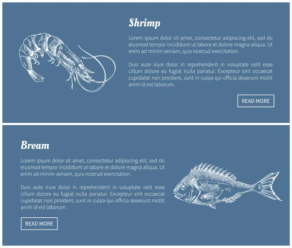 Página de aterrizaje de camarones y productos marinos Bream — Vector de stock