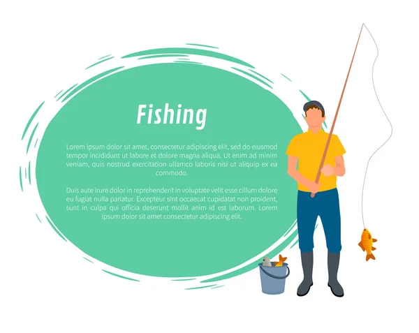 Fiskare med fiskespö, fisk och hink vektor — Stock vektor