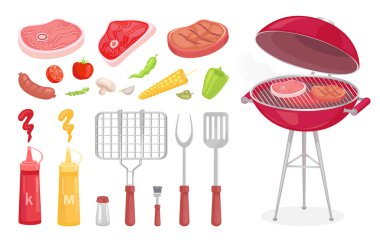 Barbekü seti, Barbekü ekipman ve et, vektör simgesi