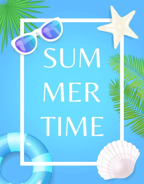 Cartaz de verão com Frame Lifebuoy e Seashell — Vetor de Stock