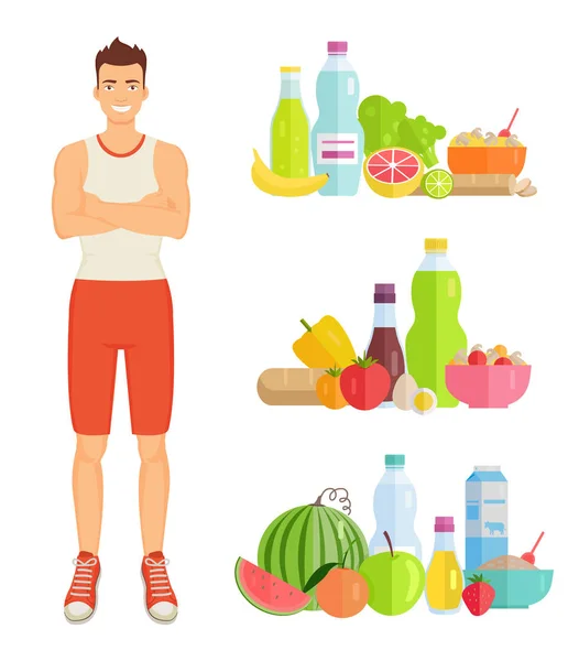 Mann ernährt sich gesund Set Vektor Illustration — Stockvektor