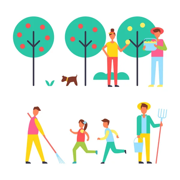 Pessoas cuidando de árvores no ícone do jardim —  Vetores de Stock