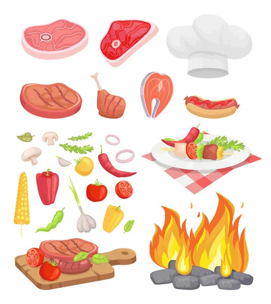 Ensemble barbecue, Viande pour barbecue et épices, Icône vectorielle — Image vectorielle