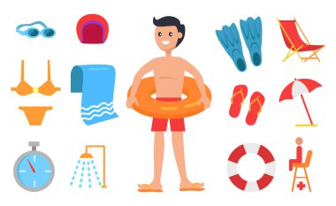 Genç adam ekipman simgesi yüzme ile çevrili