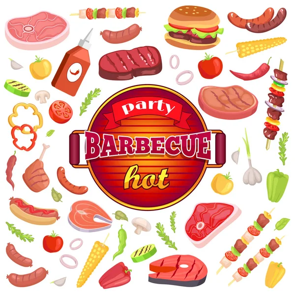 Partei Grill heißen Icons Set Vektor Illustration — Stockvektor