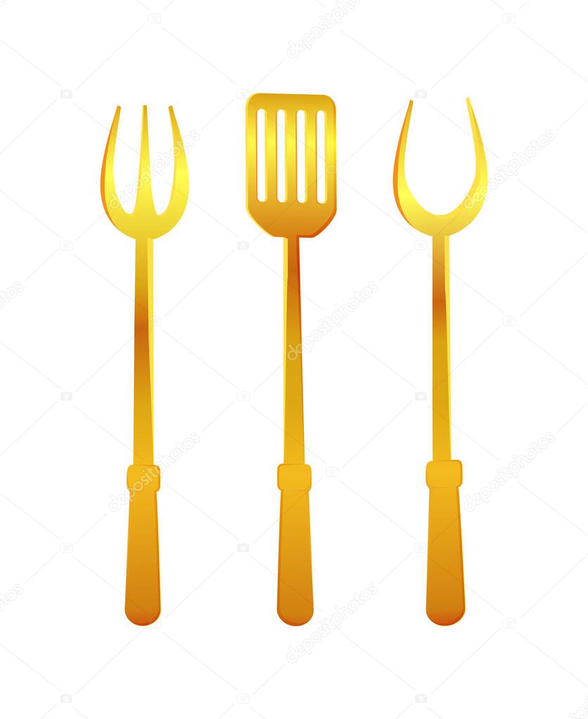 Spatula and Fork Gold Tools Vector Illustration
