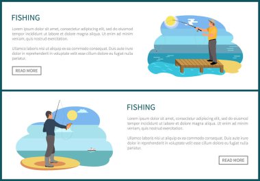Balık tutma poster seti ve metin vektör çizim