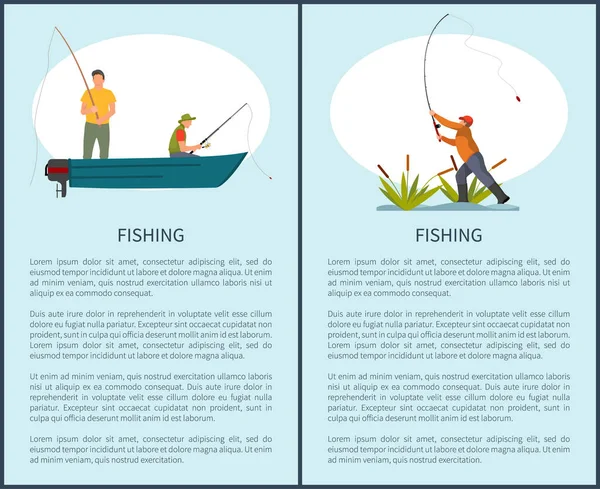 Pesca no lago ou rio em Motor Boat Poster — Vetor de Stock