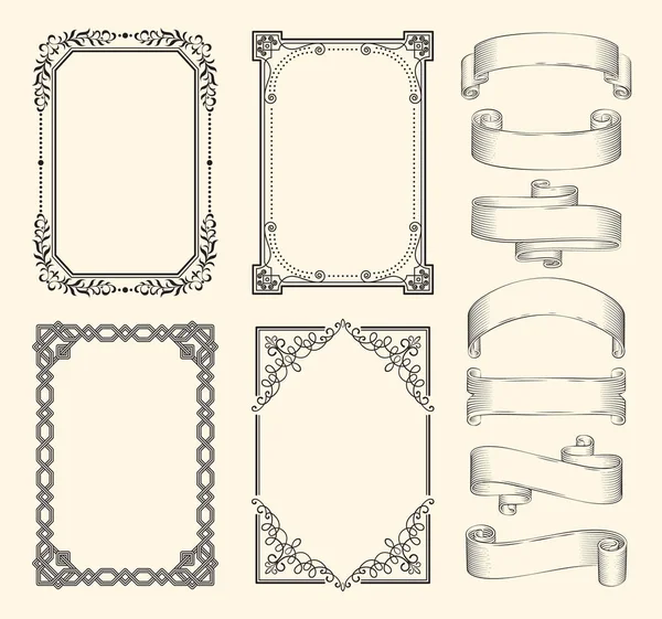 Frames and ribbons vector monochrome sketch set — Stock Vector