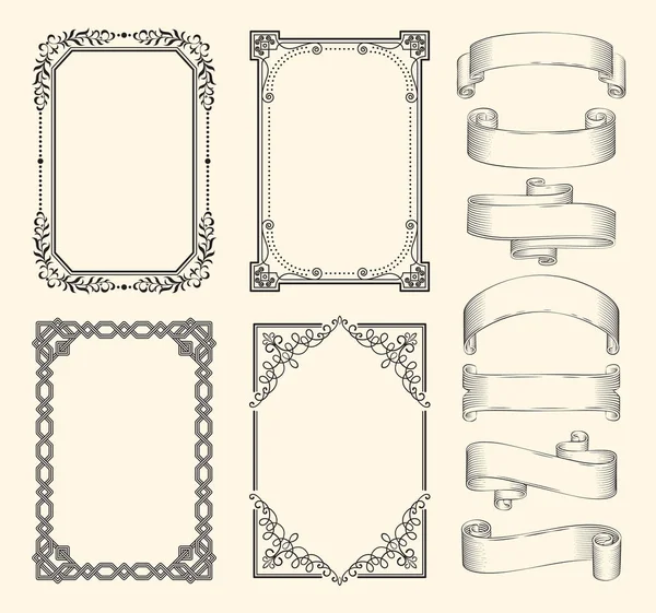 Frames en vector monochroom schets set ribbons — Stockvector