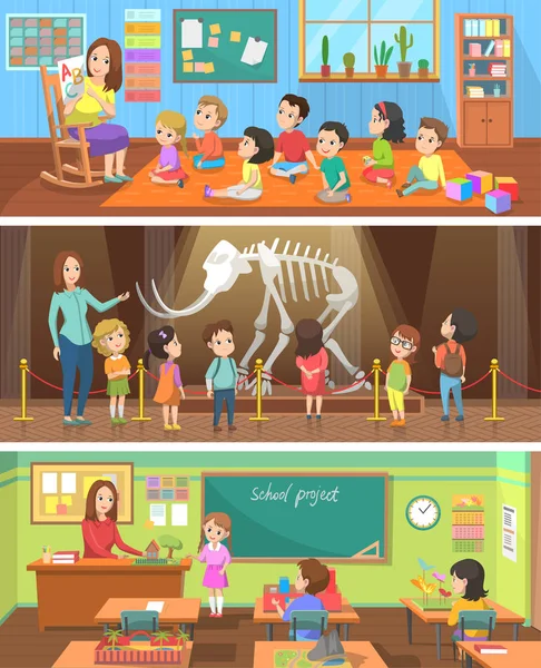 Schoolonderwijs en lessen monsters kleur Banner — Stockvector