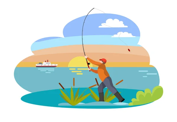 Pescador com Rod Pesca Vector Ilustração — Vetor de Stock