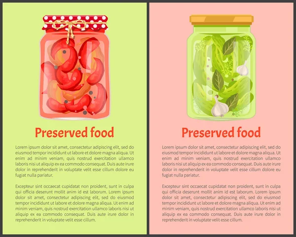 Preserved Food Poster Pickled Chilli and Cucumbers — Stock Vector